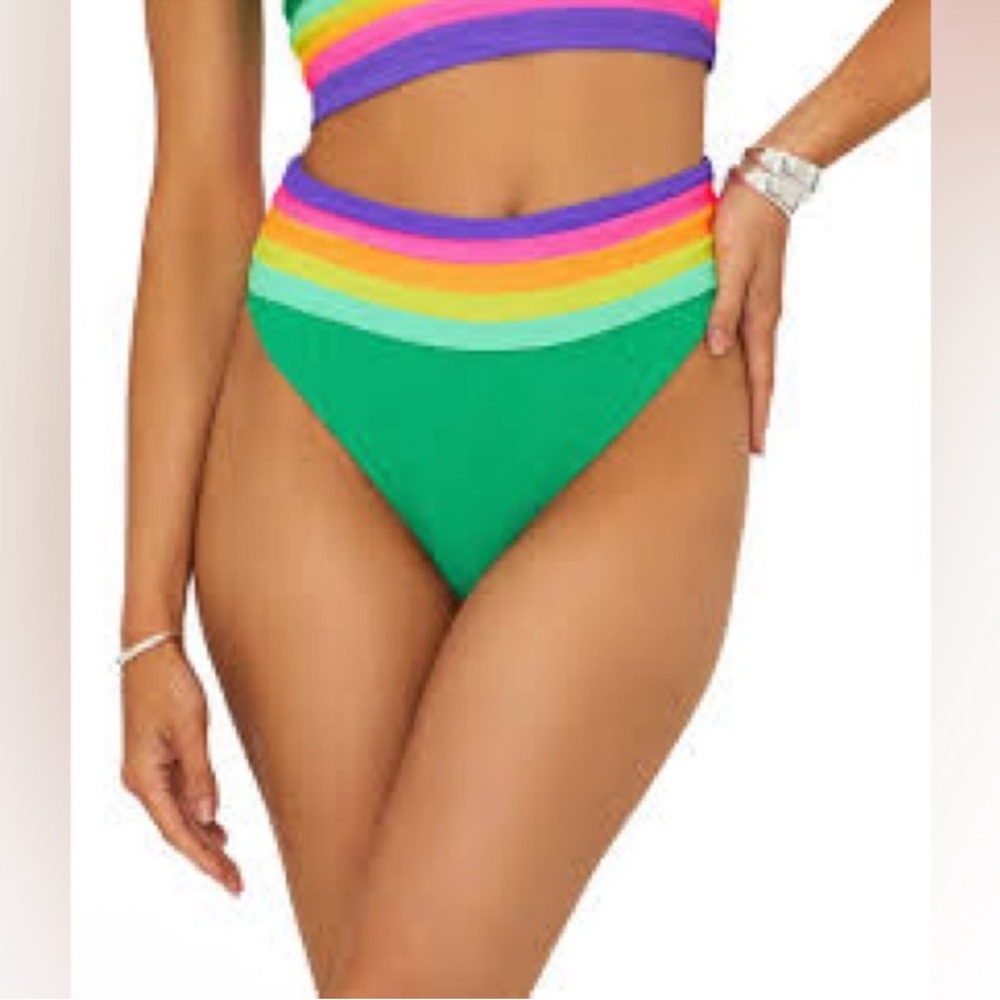 Beach Riot Green High Waist Bikini Bottom with Rainbow Stripes